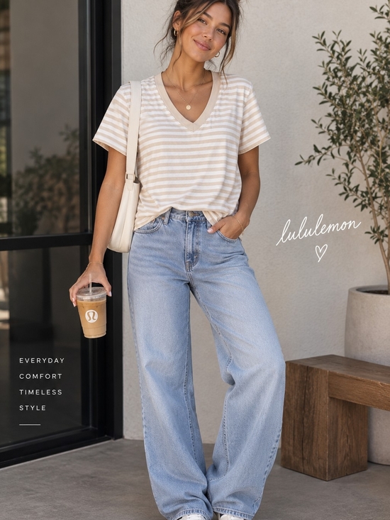 lululemon athletica Tops - Lululemon Beige White Striped V-Neck T-Shirt Casual Tee Size Small